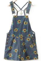 Romwe Strap Chrysanthemum Print With Button Denim Jumpsuit