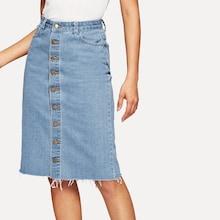 Romwe Faded Wash Button Fly Raw Hem Denim Skirt
