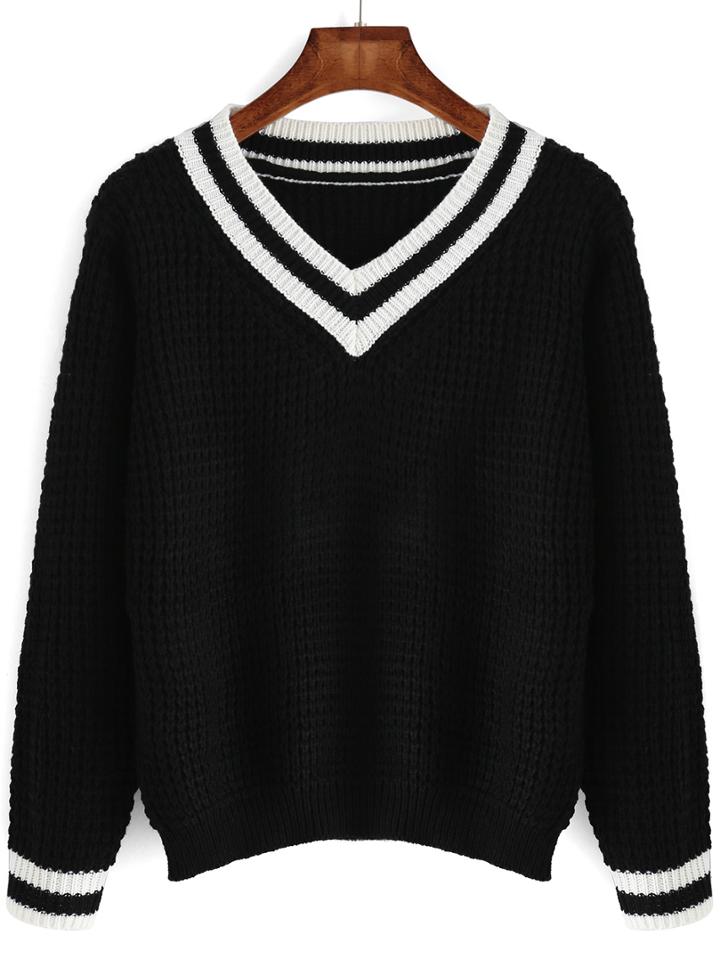 Romwe V Neck Striped Trim Black Sweater