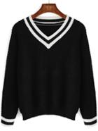 Romwe V Neck Striped Trim Black Sweater
