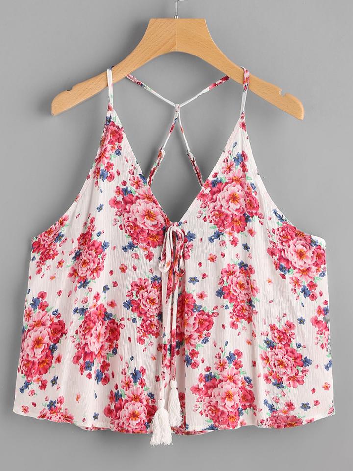 Romwe Florals Tassel Tie Neck Halter Top