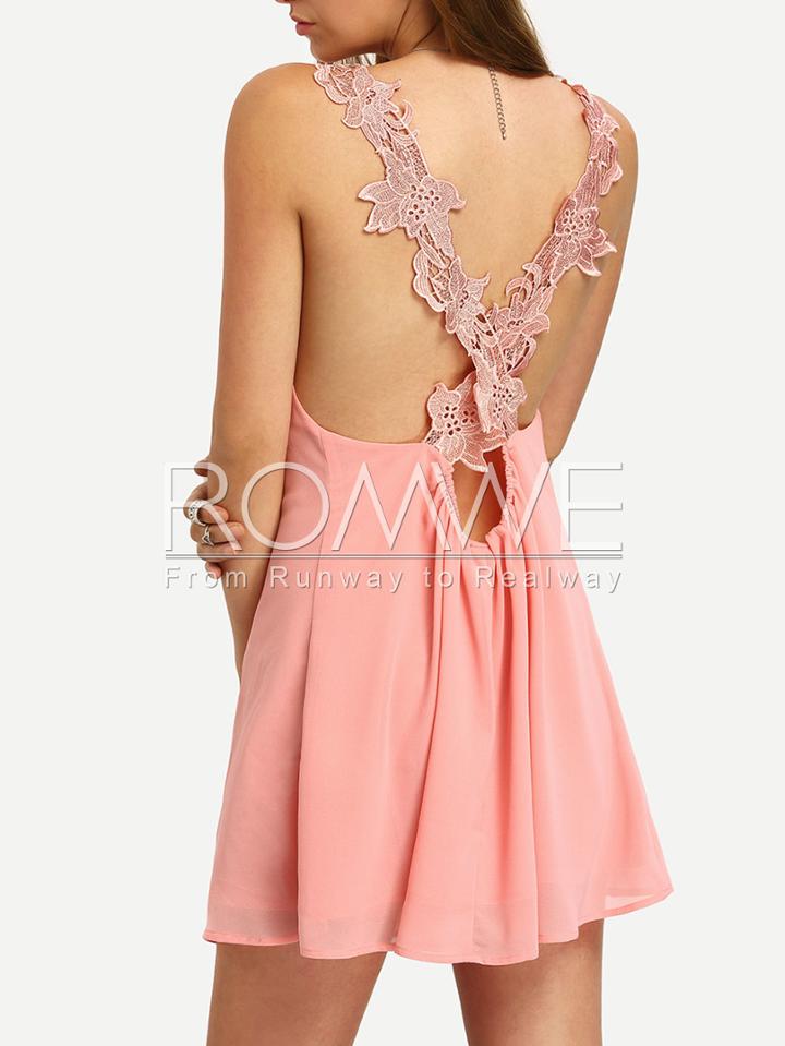 Romwe Pink Deep V-neck Crochet Strap Crisscross Back Casual Dress