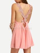 Romwe Pink Deep V-neck Crochet Strap Crisscross Back Casual Dress