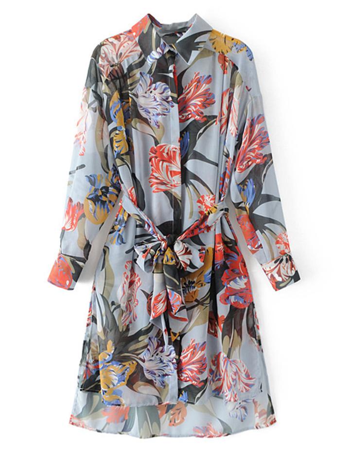 Romwe Dip Hem Self Tie Shirt Dress