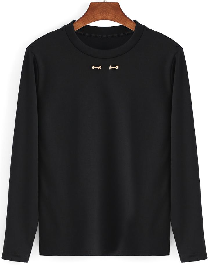 Romwe Round Neck Metal Embellished Black Blouse