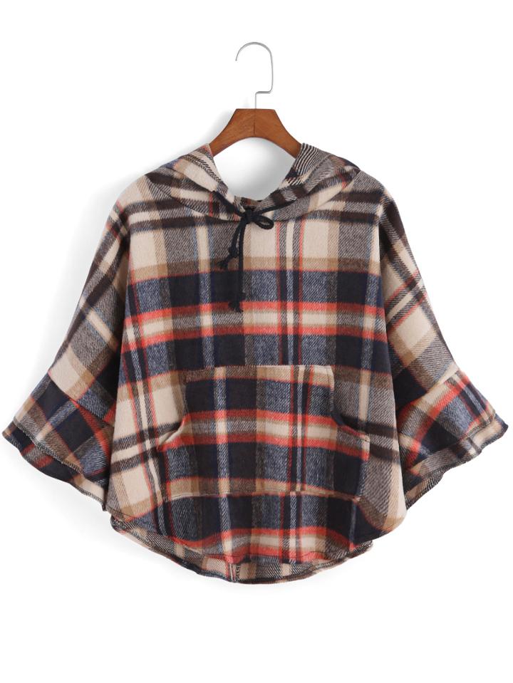 Romwe Hooded Bell Sleeve Plaid Cape Coat