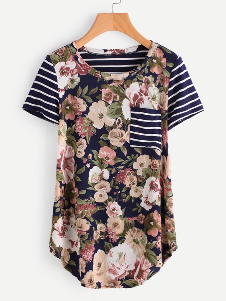 Romwe Flower Striped Cut And Sew Dolphin Hem Tee