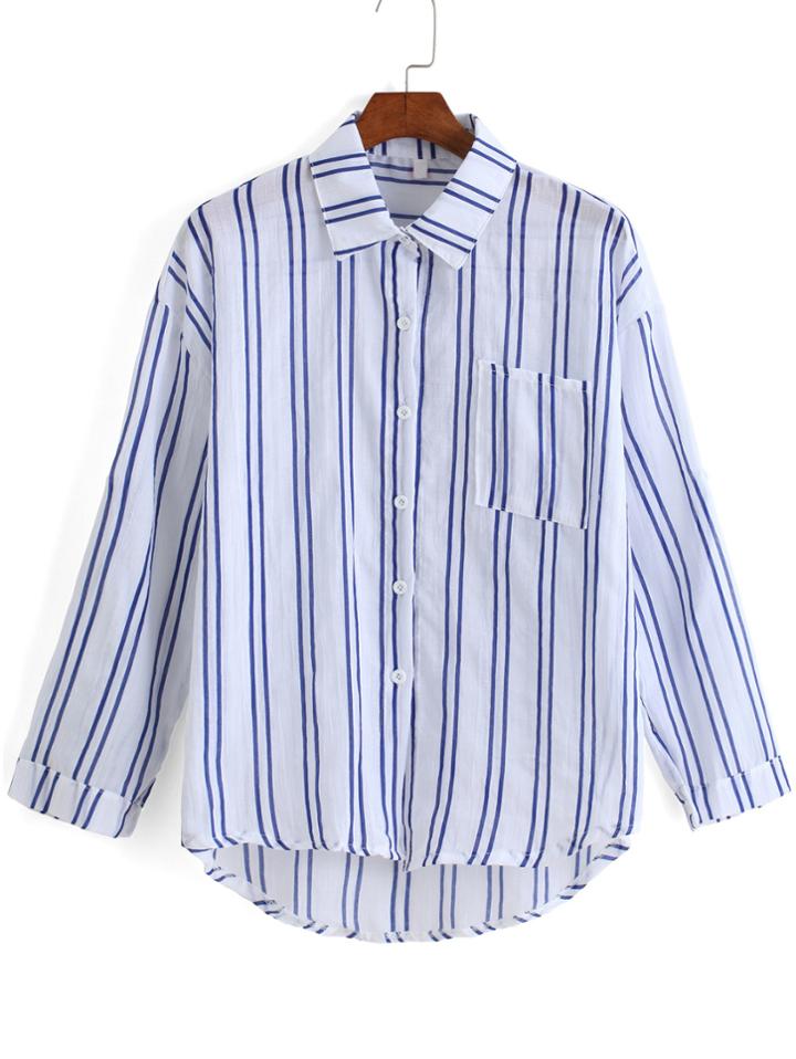 Romwe Lapel Dip Hem With Pocket Vertical Striped Blouse