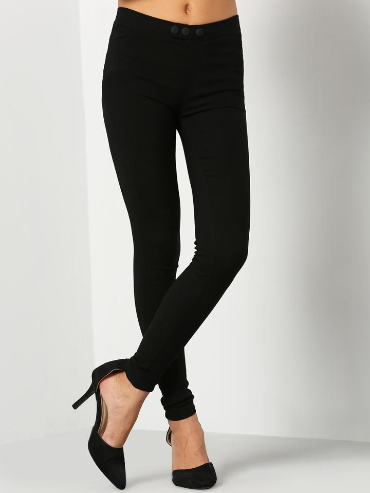 Romwe Buttons Slim Black Pant