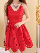 Romwe Red Hollow Scallop Hem Spaghetti Strap Dress