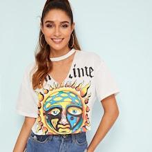 Romwe Cartoon Sun Print V-cut Choker Tee