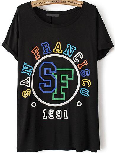 Romwe San Francisco Print Loose Black T-shirt