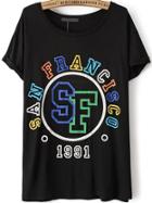 Romwe San Francisco Print Loose Black T-shirt