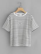 Romwe Striped Embroidered Tee