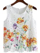 Romwe Flower Print Hollow Orange Tank Top