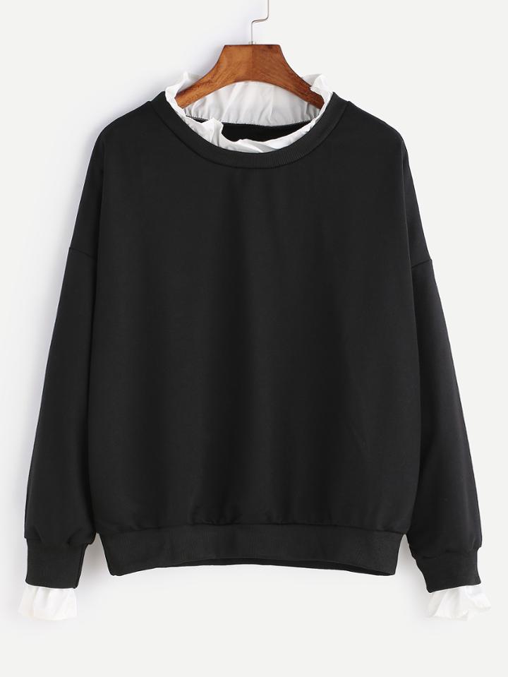 Romwe Black Contrast Fungus Collar Sweatshirt