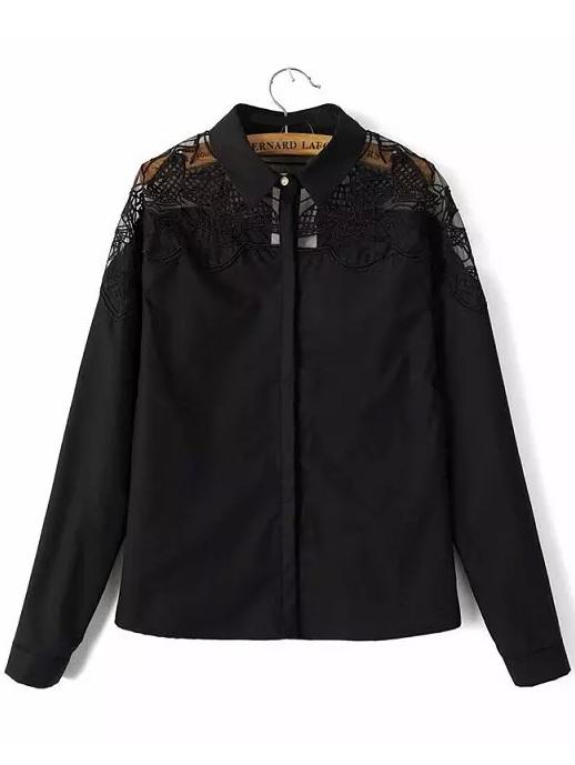Romwe Lapel Organza Paneled Embroidered Black Blouse