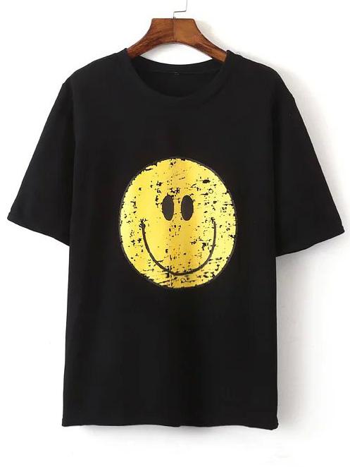 Romwe Smiley Face Print Black T-shirt