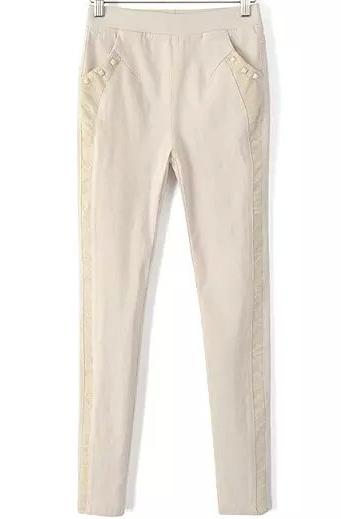 Romwe Elastic Waist Lace Insert With Rivet Beige Pant