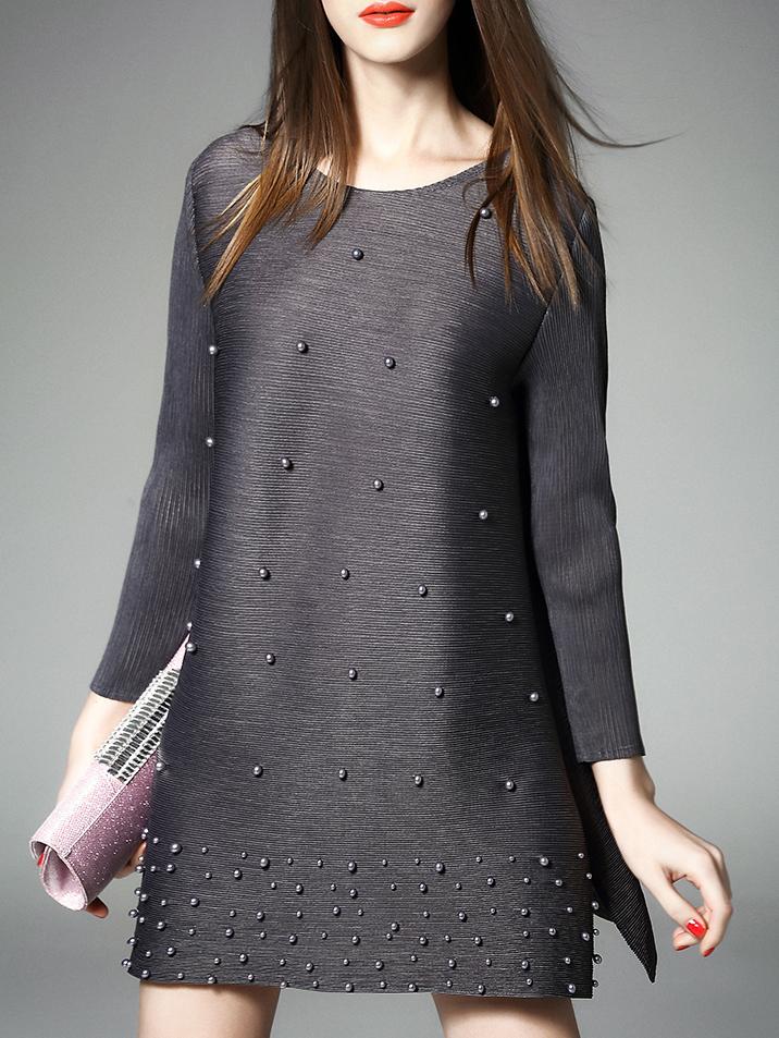 Romwe Grey Beading Pleated Elastic Shift Dress