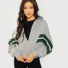 Romwe Zip Front Dolman Sleeve Striped Sweatshirt