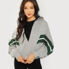 Romwe Zip Front Dolman Sleeve Striped Sweatshirt