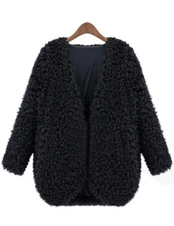 Romwe Black V Neck Long Sleeve Faux Fur Coat