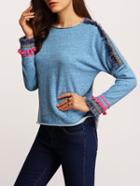Romwe Blue Crew Neck Sweatshirt With Aztec Print Fringe Embellished