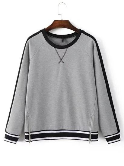 Romwe Grey Stripe Trim Zipper Sweatshirt