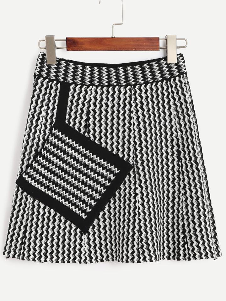 Romwe Black White Chevron Print Patch Pocket Knit Skirt