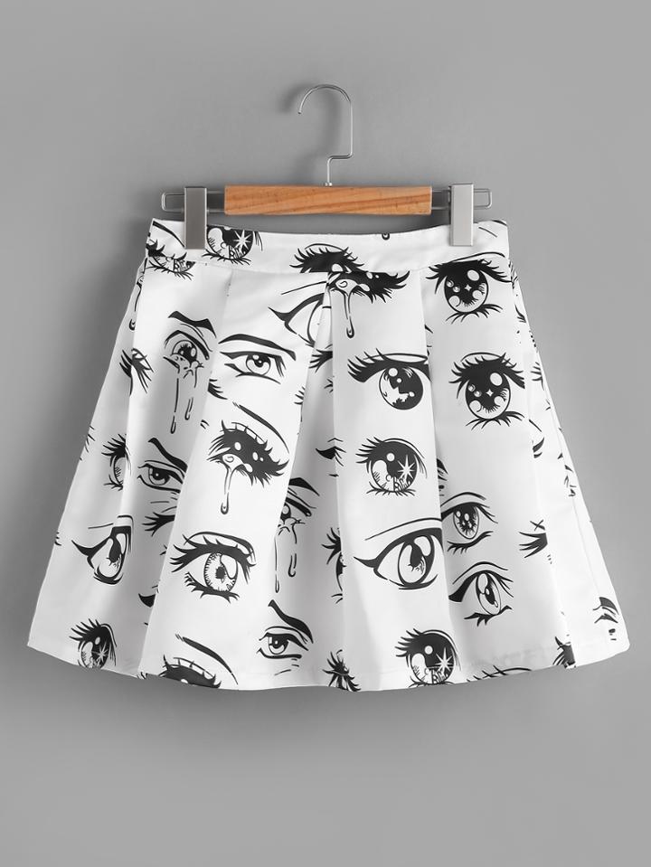 Romwe Eye Print Random Zip Back Pleated Skirt