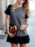 Romwe Grey Crew Neck Contrast Raglan Sleeve Flounce Dress