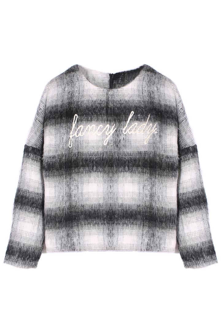 Romwe Check Letters Print Crop Black Coat