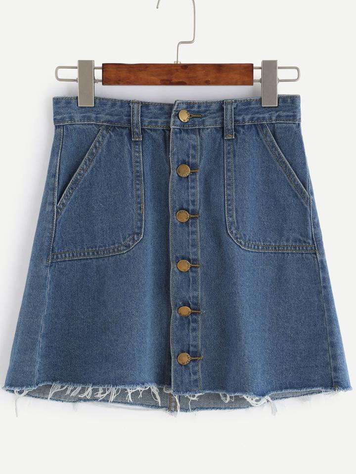 Romwe Blue Button Front Raw Hem Denim Skirt