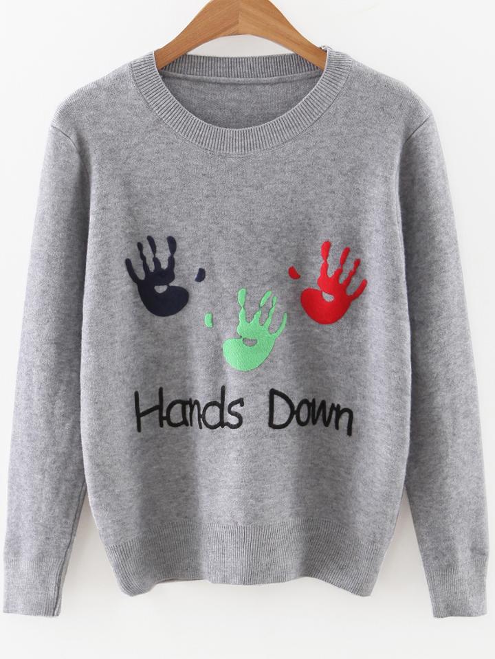 Romwe Grey Palm Print Round Neck Sweater