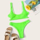 Romwe Neon Lime Cut-out Top With Cheeky Bikini Set