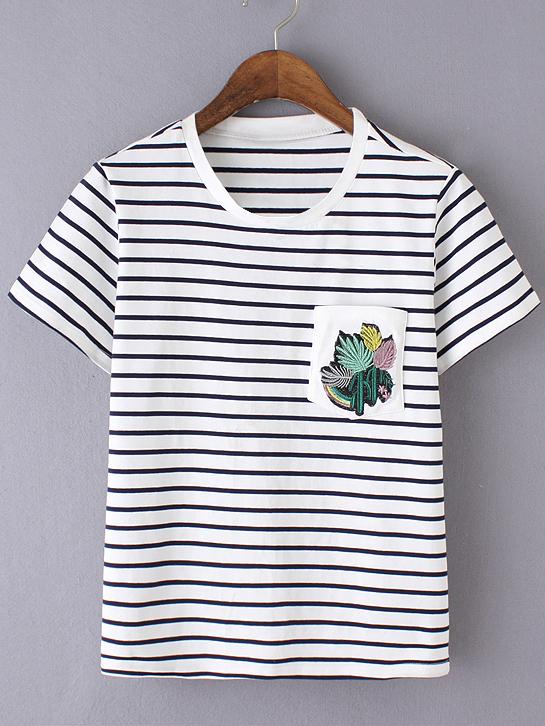 Romwe Black White Stripe Embroidery Pocket T-shirt