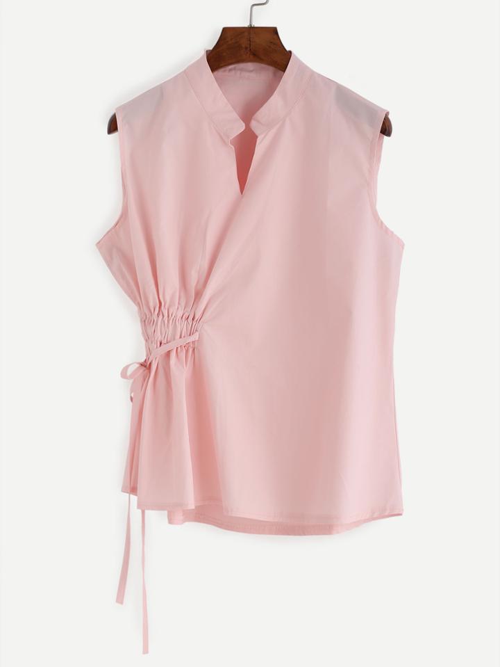 Romwe Pink Band Collar Asymmetric Tied Elastic Waist Top
