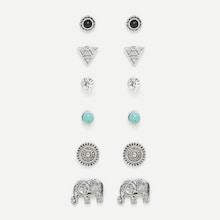 Romwe Elephant & Round Design Stud Earring Set 6pairs