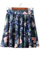 Romwe Blue Elastic Waist Floral Pleated Skirt
