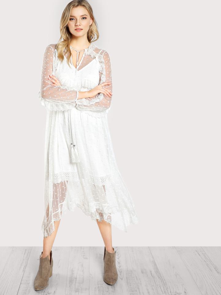 Romwe Hanky Hem Frilled Dot Mesh 2 In 1 Dress