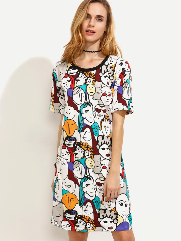 Romwe Multicolor Cartoon Portrait Print Contrast Trim Tshirt Dress