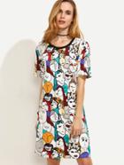 Romwe Multicolor Cartoon Portrait Print Contrast Trim Tshirt Dress