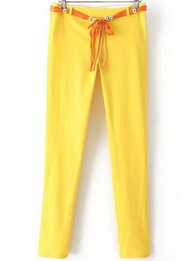 Romwe Bead Belt Slim Yellow Pant