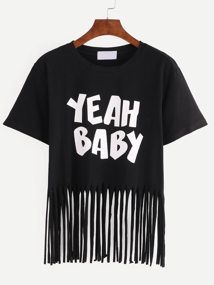 Romwe Letter Print Fringe T-shirt - Black