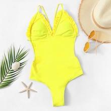 Romwe Frill Trim Open Back One Piece Swimwear
