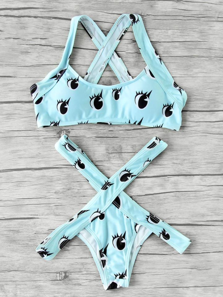 Romwe Eye Print Side Cutout Cross Back Bikini Set