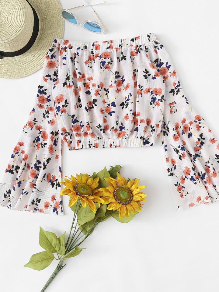 Romwe Bardot Trumpet Sleeve Calico Print Crop Top