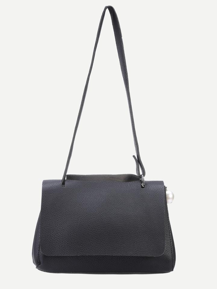 Romwe Black Pebbled Pu Faux Pearl Embellished Flap Bag