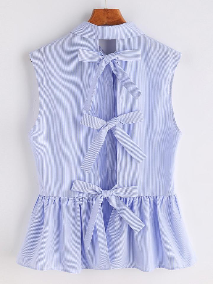 Romwe Striped Bow Tie Split Back Sleeveless Peplum Shirt
